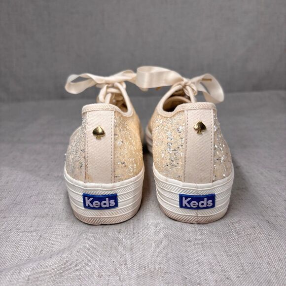 Kate Spade Keds Triple KS Glitter Sneakers Cream Canvas Lace Up‎ Platform 8.5 - Picture 6 of 11
